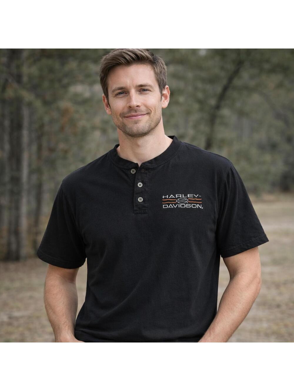 Harley Davidson Henley Shirt Black Short Sleeve Cotton Mens Medium - Picture 2 of 7